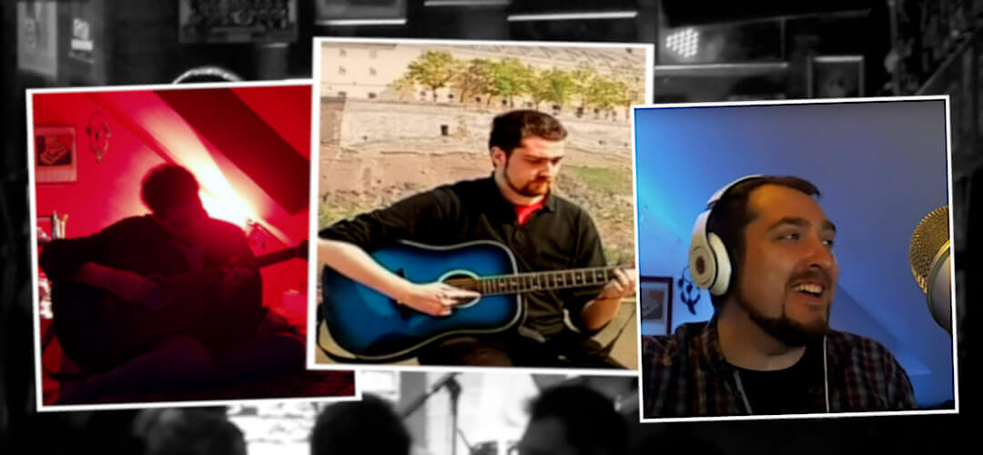 A collage of photos with Daameer playing guitar and singing